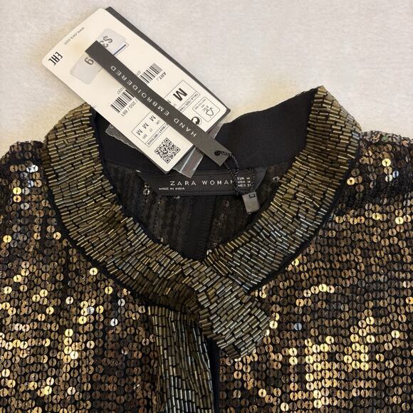Zara Limited Edition Metallic Gold Sequin Beaded Button Up Blouse Womens Size M - Picture 7 of 15